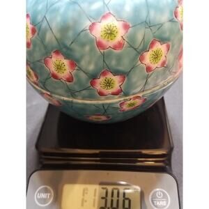 Handpainted, Chinoiserie Ceramic Trinket Jewelry Box Aqua/Pink Blossom Apple Jar